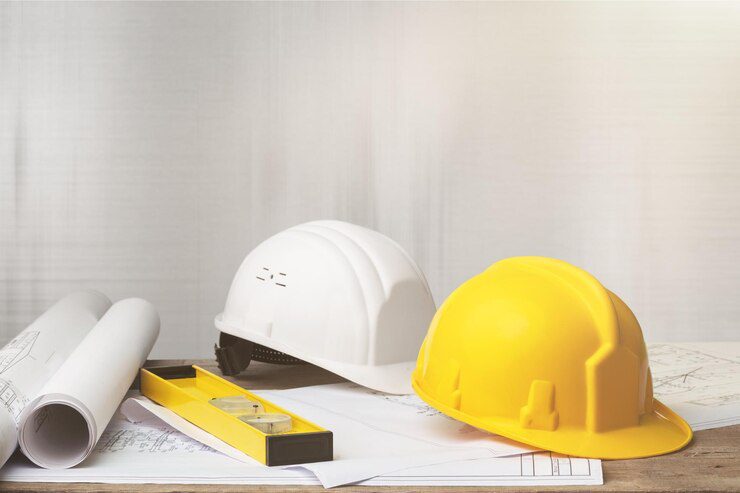 blueprint with level and hardhats on it
