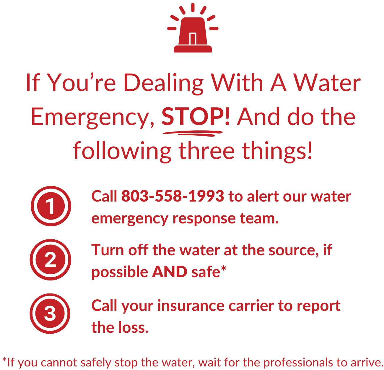 If you're dealing with a water emergency, stop! Call 803-558-1993.