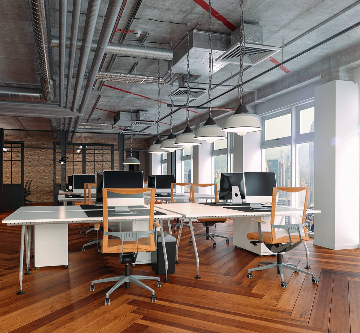 interior of modern office with desks and chairs