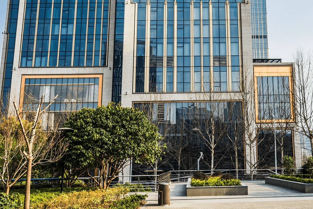 office building and trees