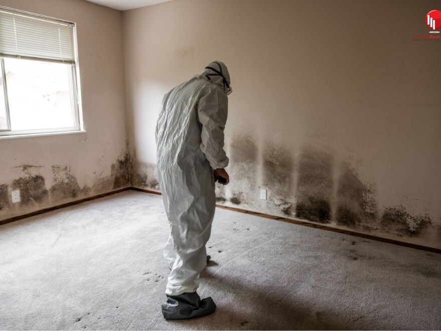 worker in protective gear inspecting mold inside a house